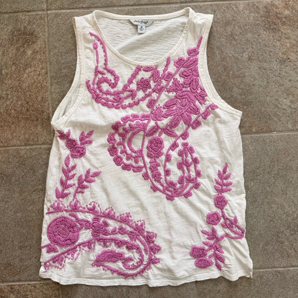Lucky Brand 100% Cotton White Tank with Pink Embroidered Floral Detail Medium